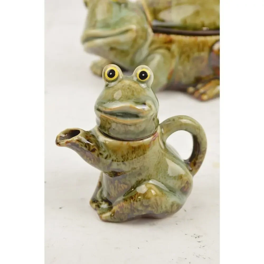 Frog Ceramic Tea Condiment Set x4 Lidded Bowl Sugar Creamer Green Glazed Pottery